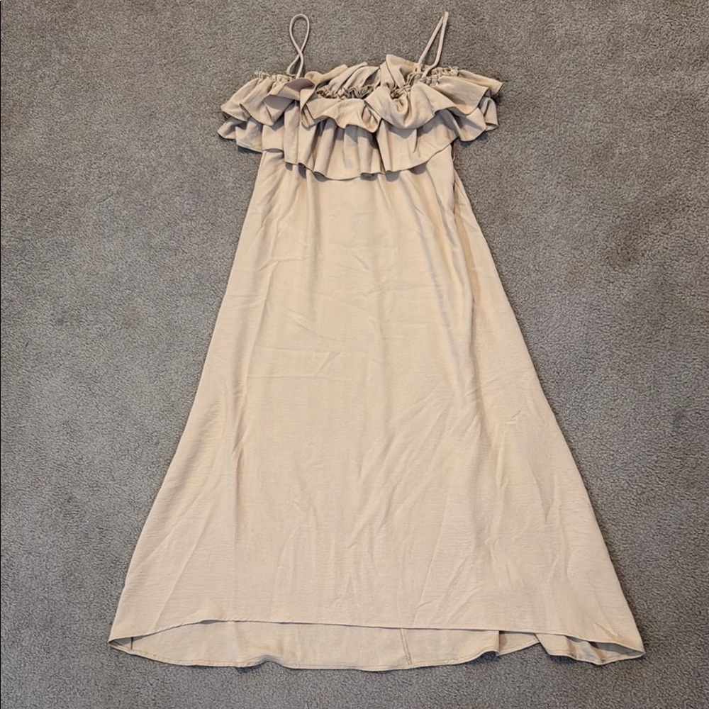 Zara Beige Ruffle Off-Shoulder Maxi Dress